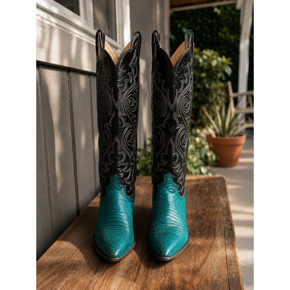 Vintage Justin Turquoise Lizard Cowboy Boots Black Embroidered Womens 6B